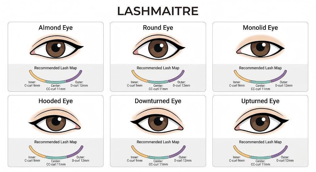 LASHMAITRE professional infographic chart illustrating six common eye shapes (Almond, Round, Monolid, Hooded, Downturned, Upturned) and their corresponding recommended eyelash extension maps. The guide details specific curl types (C, CC, D curls) and lengths (9mm-12mm) for inner, center, and outer eye zones for customized styling.
