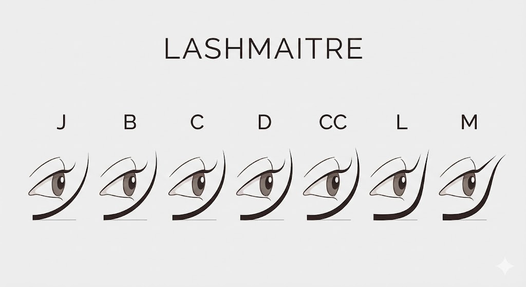 LASHMAITRE professional infographic chart illustrating the side profile view of all eyelash extension curl types, including J, B, C, D, CC, L, and M curls. A comprehensive guide for lash mapping and client consultation to visualize lift and curvature.