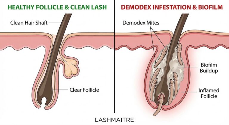 A LASHMAITRE scientific diagram comparing a healthy, clean hair follicle on the left with an inflamed follicle infested by Demodex mites—commonly known as eyelash extension mites—feeding on biofilm buildup on the right.