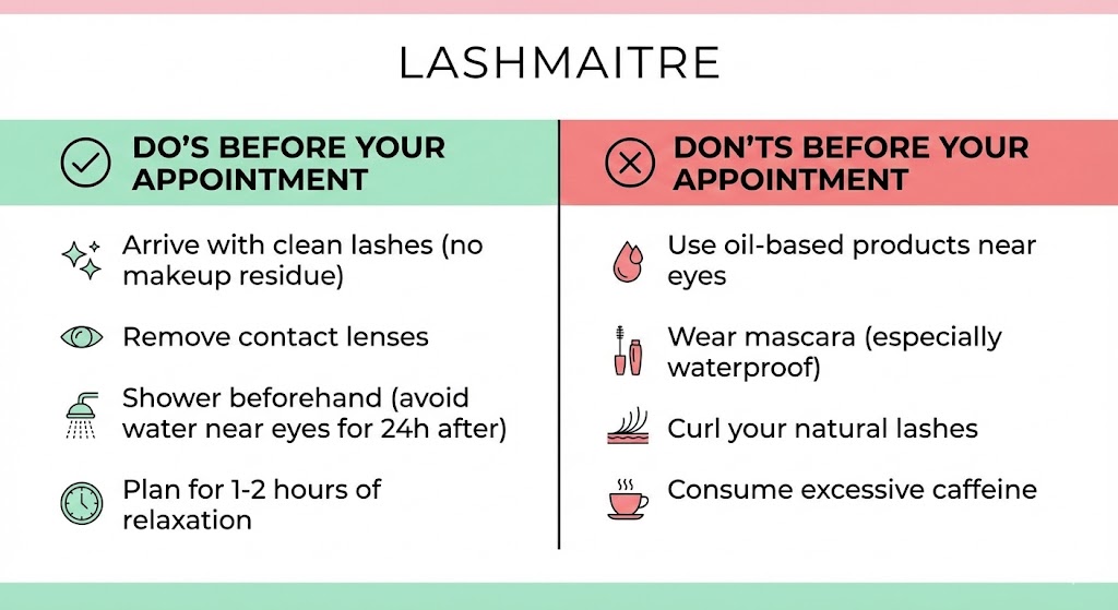 "LASHMAITRE infographic chart serving as a comprehensive preparation guide for eyelash extensions for the first time, visually listing 'Do's' (like arriving with clean lashes) and 'Don'ts' (like using oil-based products) before an appointment."