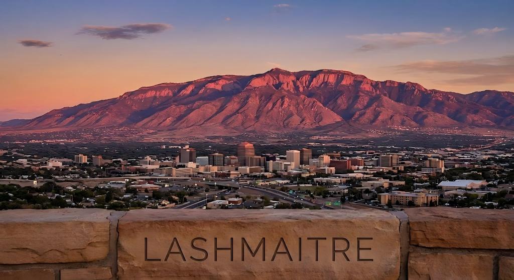 "A sunset view over the Albuquerque city skyline and Sandia Mountains, serving as a stunning scenic backdrop for eyelash extensions albuquerque new mexico businesses, with the LASHMAITRE brand name engraved on a stone wall in the foreground."
