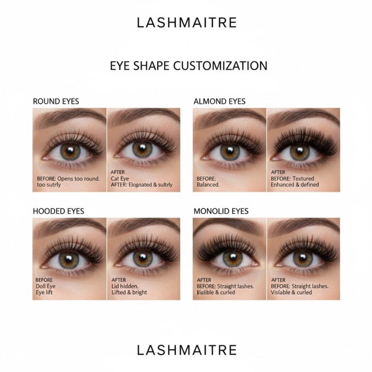 "A professional collage of eyelash extensions before and after photos by LASHMAITRE demonstrating various styles across four eye shapes: Round, Almond, Hooded, and Monolid, to showcase expert customization."