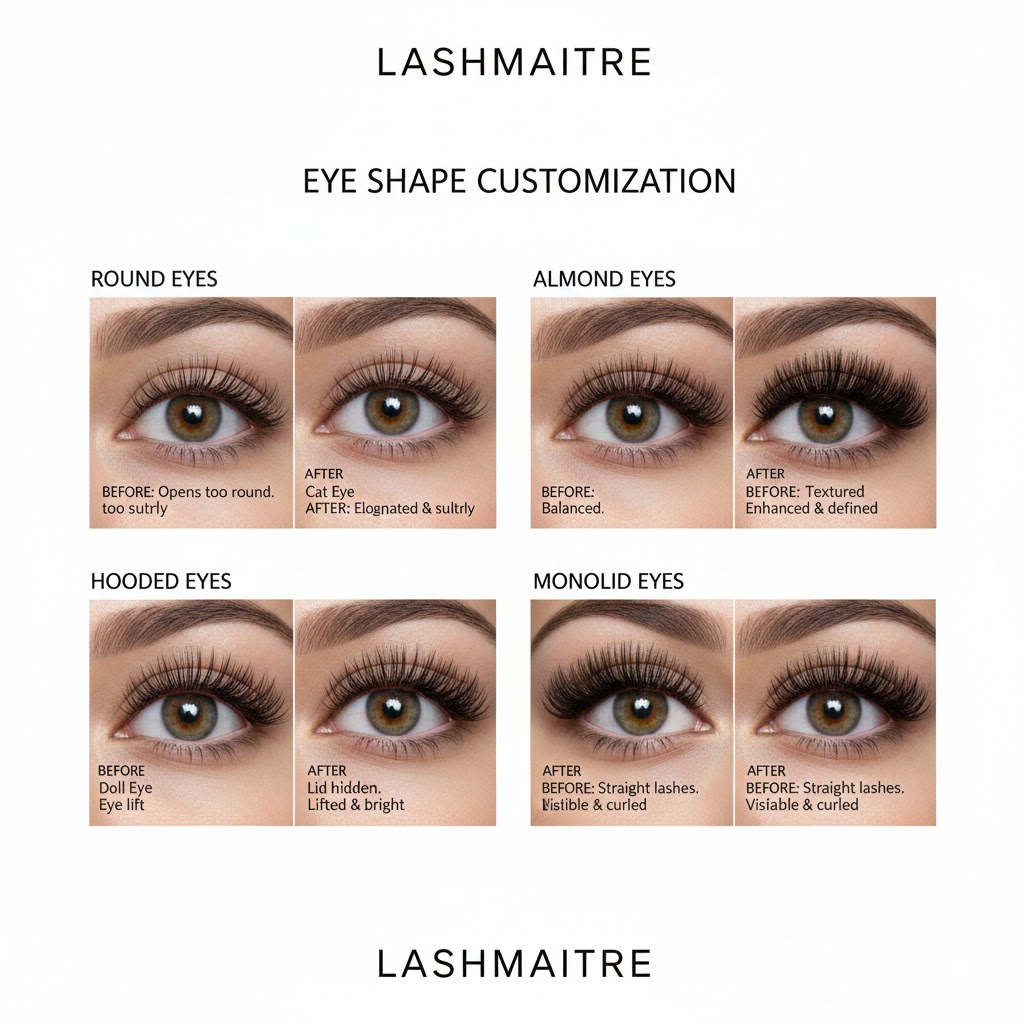 "A professional collage of eyelash extensions before and after photos by LASHMAITRE demonstrating various styles across four eye shapes: Round, Almond, Hooded, and Monolid, to showcase expert customization."
