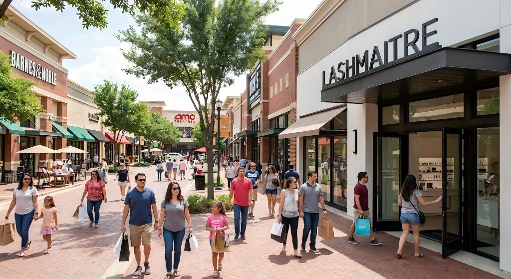 "Exterior view of the LASHMAITRE studio located at Firewheel Town Center, serving as the prime location for eyelash extensions in Garland, TX, during a busy shopping day."