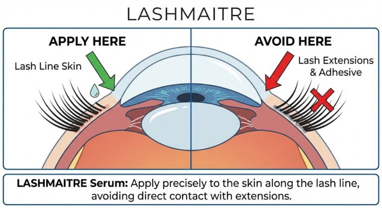 Safety diagram for LASHMAITRE eyelash serum, illustrating the correct application method on the lash line skin and avoiding the extension adhesive, to answer the question can I use eyelash serum with extensions.