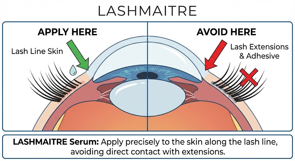 Safety diagram for LASHMAITRE eyelash serum, illustrating the correct application method on the lash line skin and avoiding the extension adhesive, to answer the question can I use eyelash serum with extensions.