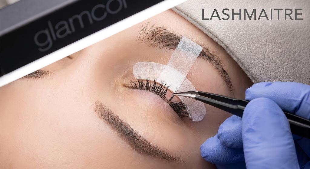 A close-up of a LASHMAITRE artist performing the "Eyelid Lift" taping technique for applying eyelash extensions on monolid eyes, gently lifting the heavy fold to expose the natural lash roots for precise isolation.