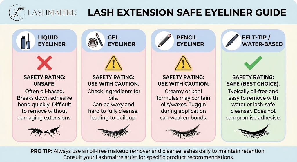 Lashmaitre infographic guide comparing safety ratings of liquid, gel, pencil, and felt-tip eyeliners for eyelash extensions. Shows water-based felt-tip liners as the safest oil-free option.