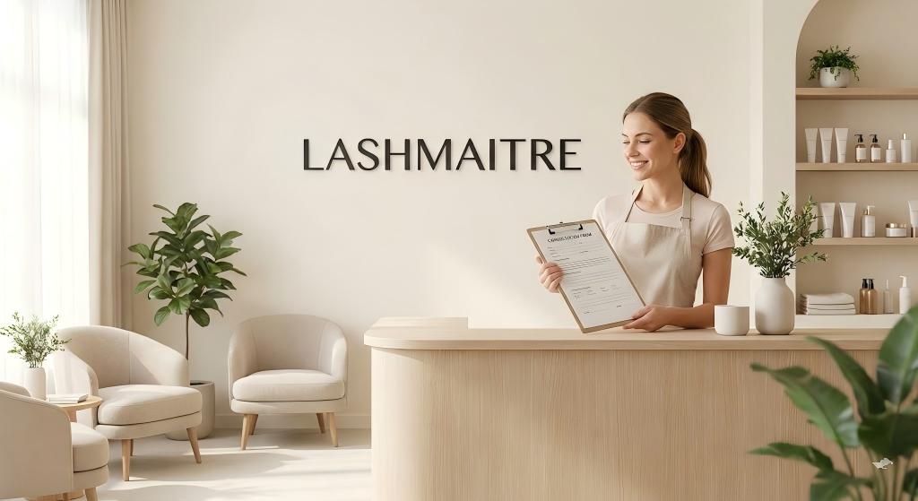 "A welcoming LASHMAITRE reception area featuring a smiling consultant holding an intake form, preparing for a detailed consultation for a client getting eyelash extensions for the first time."