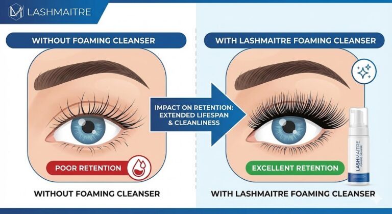 Comparison diagram illustrating the impact of using a foaming cleanser for eyelash extensions on retention. Left side: Dirty lashes with poor retention due to oil buildup. Right side: Clean, fluffy lashes with excellent retention using LASHMAITRE foaming cleanser.