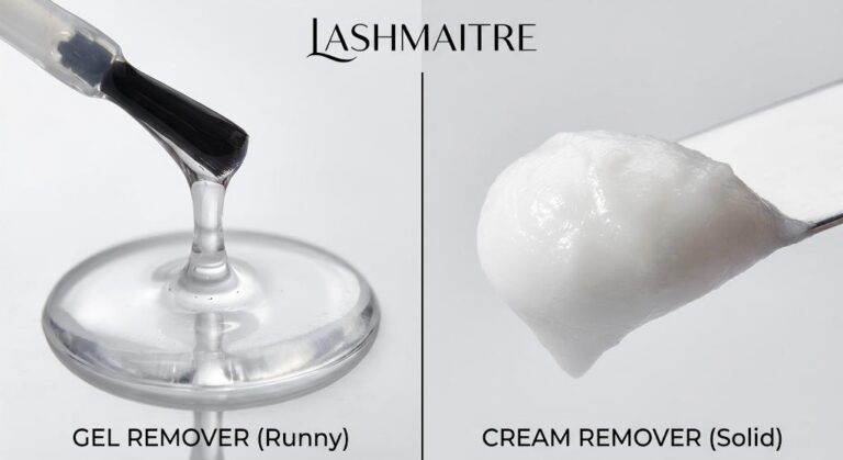 A LASHMAITRE macro photography comparison showing the texture difference between "Gel Remover" (runny) and "Cream Remover" (solid). This visual guide helps users choose the right solvent when asking how can you take off eyelash extensions safely without irritation.