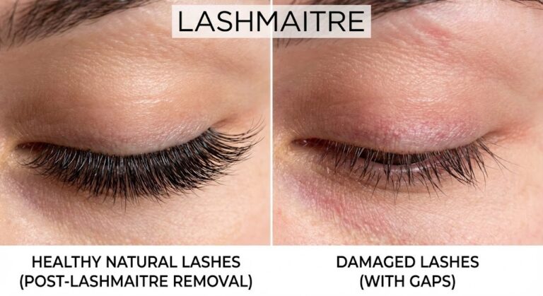 Side-by-side comparison showing healthy natural lashes after safe removal versus damaged lashes with gaps, visually answering the question: can eyelash extensions ruin your eyelashes?