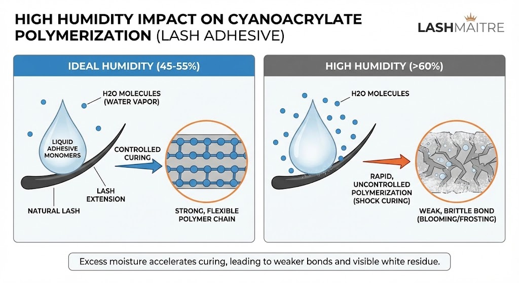 A LASHMAITRE technical diagram illustrating humidity challenges for eyelash extensions Pooler GA salons, showing how high moisture (>60%) causes rapid shock curing and weak, brittle adhesive bonds compared to ideal conditions.