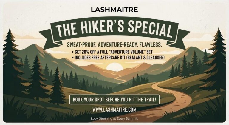 A LASHMAITRE digital flyer for "The Hiker's Special," marketing eyelash extensions Littleton to outdoor enthusiasts with a 20% discount on sweat-proof Adventure Volume sets and a free aftercare kit.