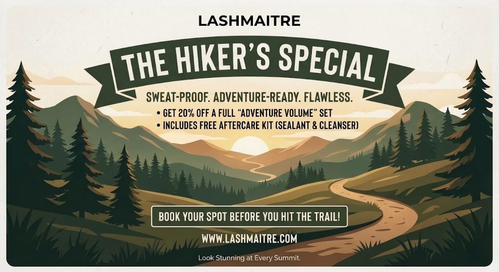 A LASHMAITRE digital flyer for "The Hiker's Special," marketing eyelash extensions Littleton to outdoor enthusiasts with a 20% discount on sweat-proof Adventure Volume sets and a free aftercare kit.