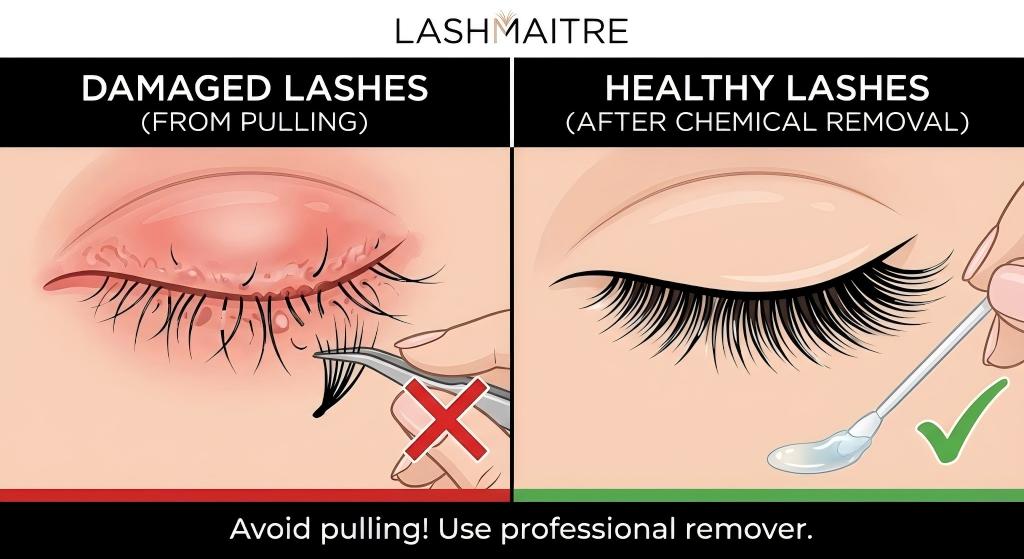 A LASHMAITRE split-screen educational graphic showing the difference in natural lash health when asking "how can i remove eyelash extensions". The left panel, labeled "DAMAGED LASHES (FROM PULLING)" with a red X, shows inflamed lids and broken lashes caused by tweezers. The right panel, labeled "HEALTHY LASHES (AFTER CHEMICAL REMOVAL)" with a green check, shows full, intact natural lashes after using a professional gel remover.