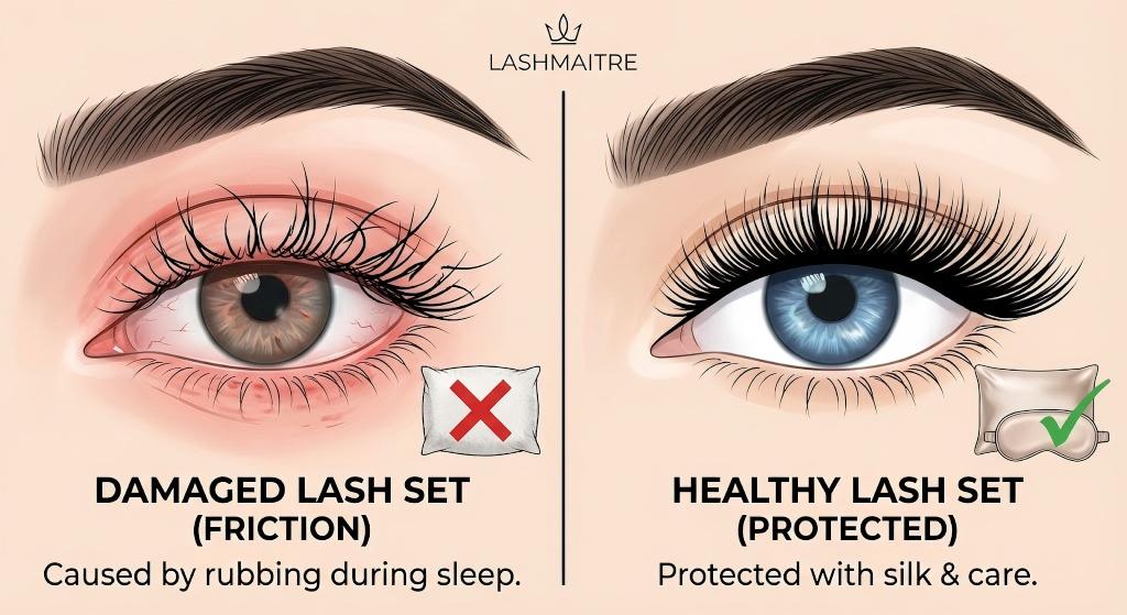 A LASHMAITRE split-screen comparison graphic showing the importance of knowing how to sleep with eyelash extensions. The left side depicts a "Damaged Lash Set" caused by "Friction" from rubbing on a cotton pillowcase. The right side shows a "Healthy Lash Set" that is "Protected" by using a silk pillowcase and sleep mask.