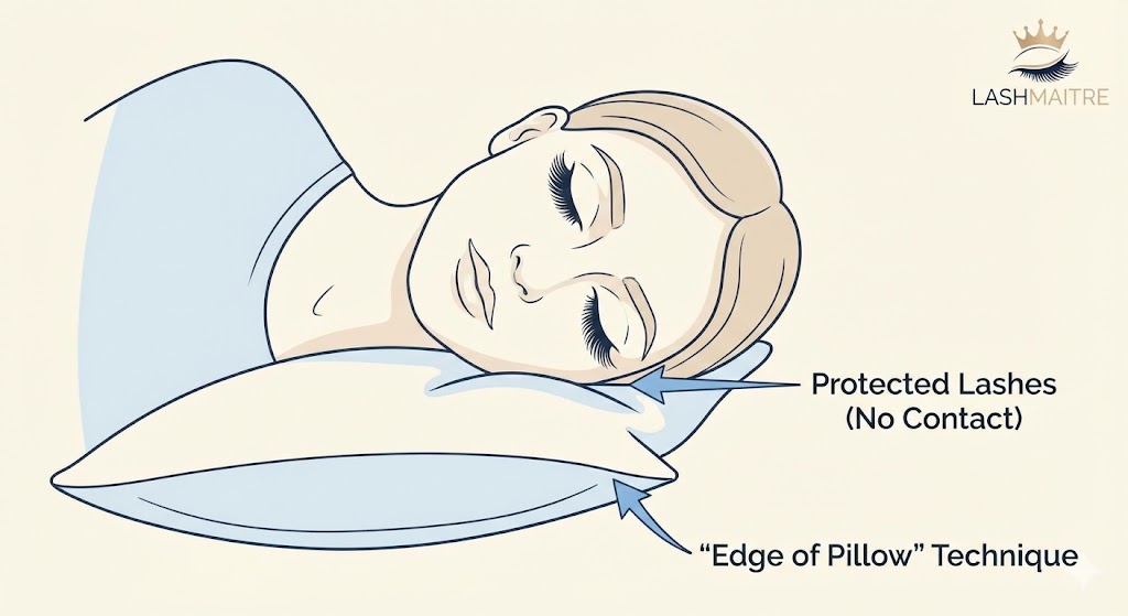 A LASHMAITRE diagram illustrating the correct positioning for how to sleep with eyelash extensions as a side sleeper. The graphic demonstrates the "Edge of Pillow" technique, showing how to position the head so the outer eye hangs off the edge, ensuring the lashes remain protected with no contact against the bedding.