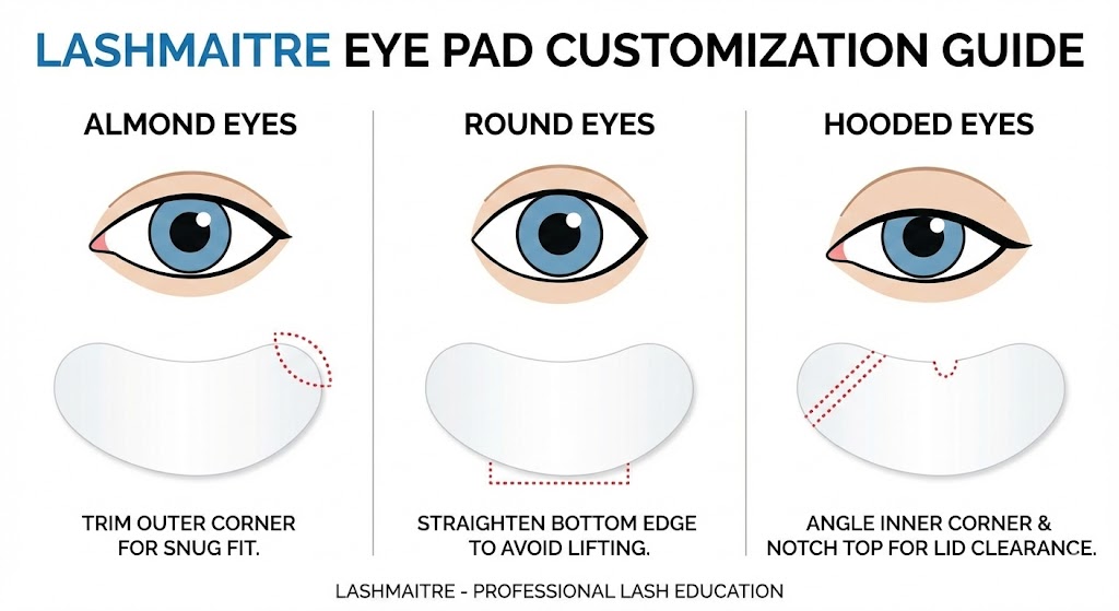 Educational diagram showing how to cut and customize LASHMAITRE hydrogel under eye patches wholesale supplies to fit almond, round, and hooded eye shapes perfectly.