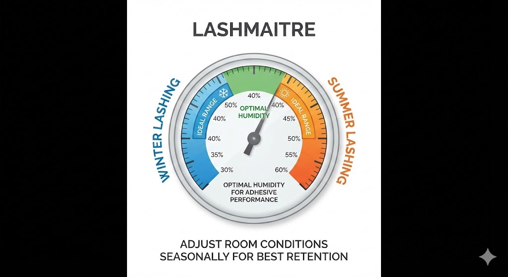 A LASHMAITRE hygrometer diagram showing ideal ranges for winter vs. summer lashing, illustrating the necessity of precise humidity control for eyelash extensions Nashua salons to ensure best adhesive retention.