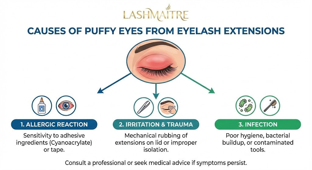 A LASHMAITRE educational infographic explaining the three primary causes of puffy eyes from eyelash extensions: allergic reaction to adhesive, irritation from rubbing or improper application, and infection due to poor hygiene.