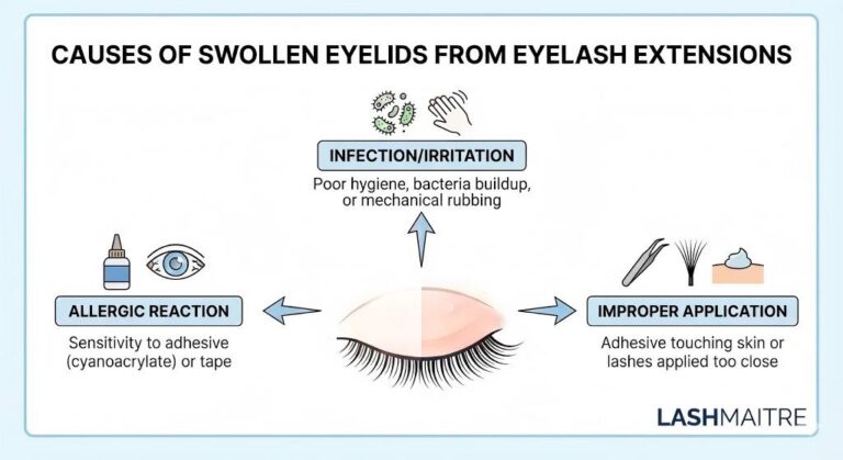 A LASHMAITRE educational infographic illustrating the three main causes of swollen eyelids from eyelash extensions: Allergic Reaction (sensitivity to adhesive), Infection/Irritation (poor hygiene or rubbing), and Improper Application (adhesive touching skin).