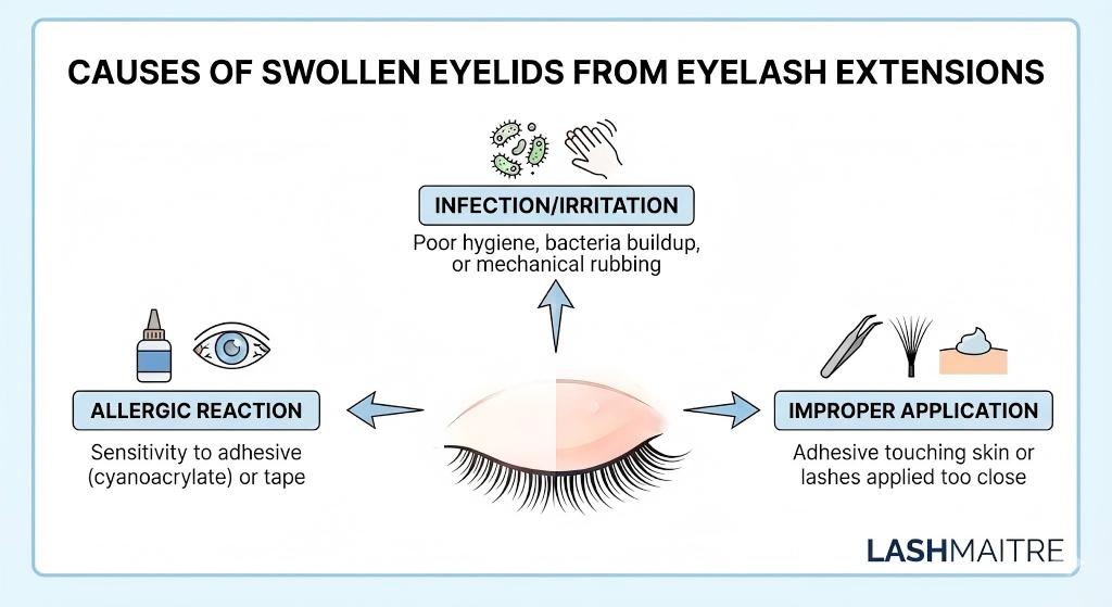 A LASHMAITRE educational infographic illustrating the three main causes of swollen eyelids from eyelash extensions: Allergic Reaction (sensitivity to adhesive), Infection/Irritation (poor hygiene or rubbing), and Improper Application (adhesive touching skin).