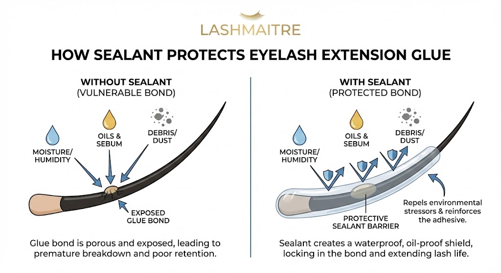 A LASHMAITRE technical diagram comparing an unprotected adhesive bond versus one treated with sealant eyelash extensions, illustrating how the protective barrier repels moisture, oils, and debris to prevent premature breakdown.