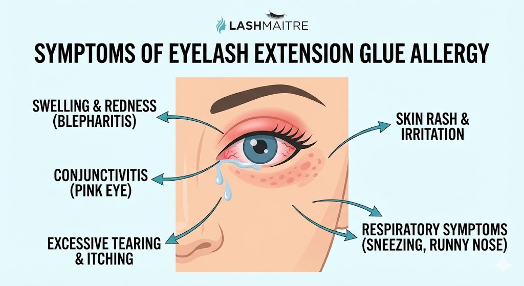 LASHMAITRE infographic diagram illustrating common signs and symptoms of being allergic to eyelash extension glue, such as swelling, redness (blepharitis), pink eye, and respiratory issues.
