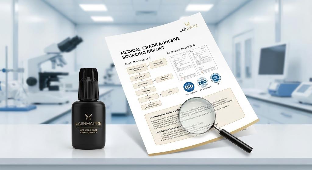 A professional laboratory setting featuring a bottle of LASHMAITRE adhesive beside a detailed "Sourcing Report" document with ISO certification stamps. The image highlights the brand's transparent and rigorous medical-grade lash adhesive sourcing process.