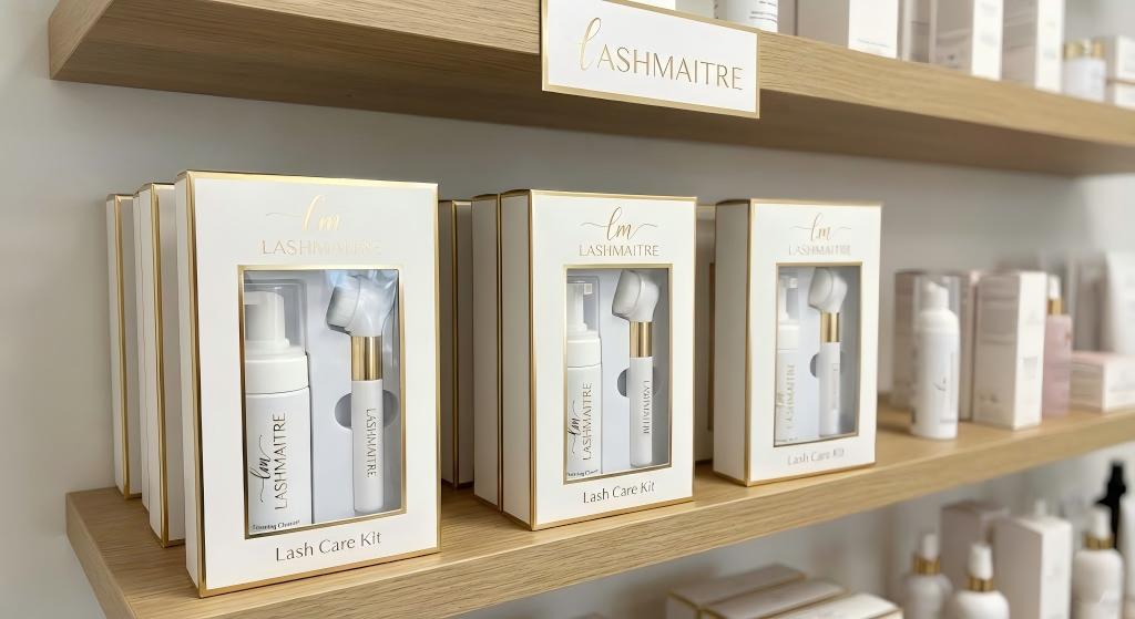 A salon retail wooden shelf displaying elegant white and gold LASHMAITRE Lash Care Kits, each containing a cleansing brush and a bottle of foaming cleanser for eyelash extensions.