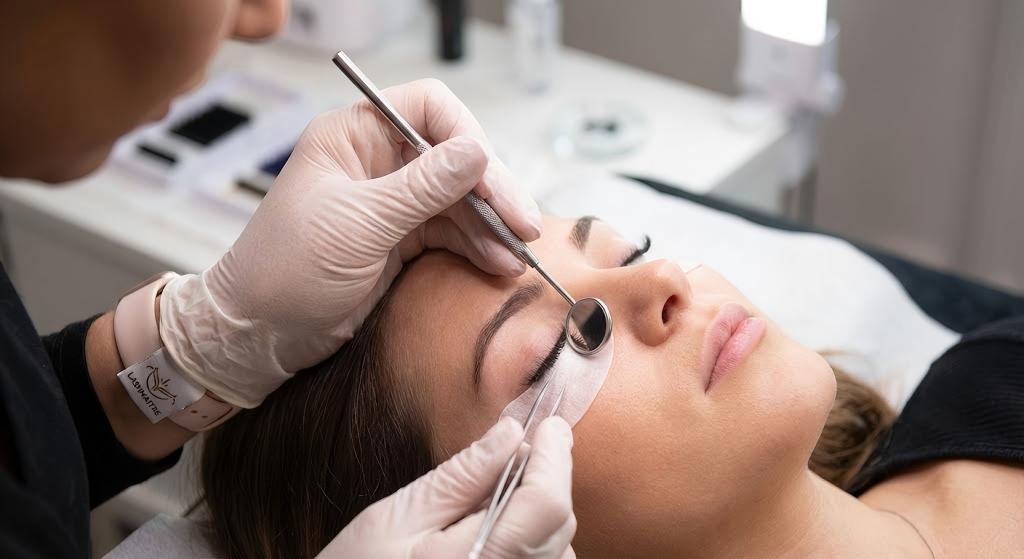 A LASHMAITRE lash artist uses a dental mirror to check for gaps in eye closure during application, a key step to prevent chemical fumes from causing bloodshot eyes eyelash extensions.