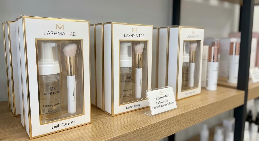 LASHMAITRE retail display shelf featuring branded Lash Care Kits. Each kit contains a specialized foaming eyelash shampoo for extensions and a soft cleansing brush for daily aftercare routine.