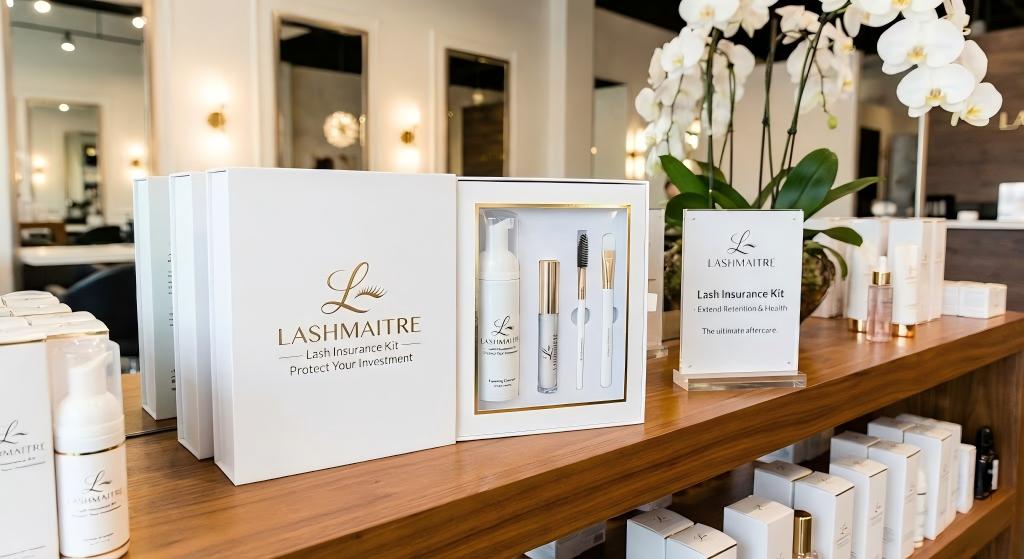 A LASHMAITRE retail display featuring the 'Lash Insurance Kit,' which includes a foaming cleanser, brushes, and a tube of sealant eyelash extensions aftercare to protect lash retention.