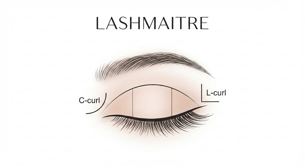 "LASHMAITRE before and after comparison showing correcting hooded eyes using the L-Curl from the eyelash extension curl chart. The 'Before' image displays a natural hooded eye, while the 'After' image reveals a significant lift and open-eye effect achieved with L-Curl lash extensions."