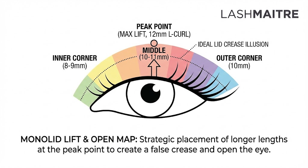 A LASHMAITRE technical diagram showing strategic lash mapping for eyelash extensions monolid eyes, highlighting a central "Peak Point" using 12mm L-Curl lashes to create a false crease illusion.