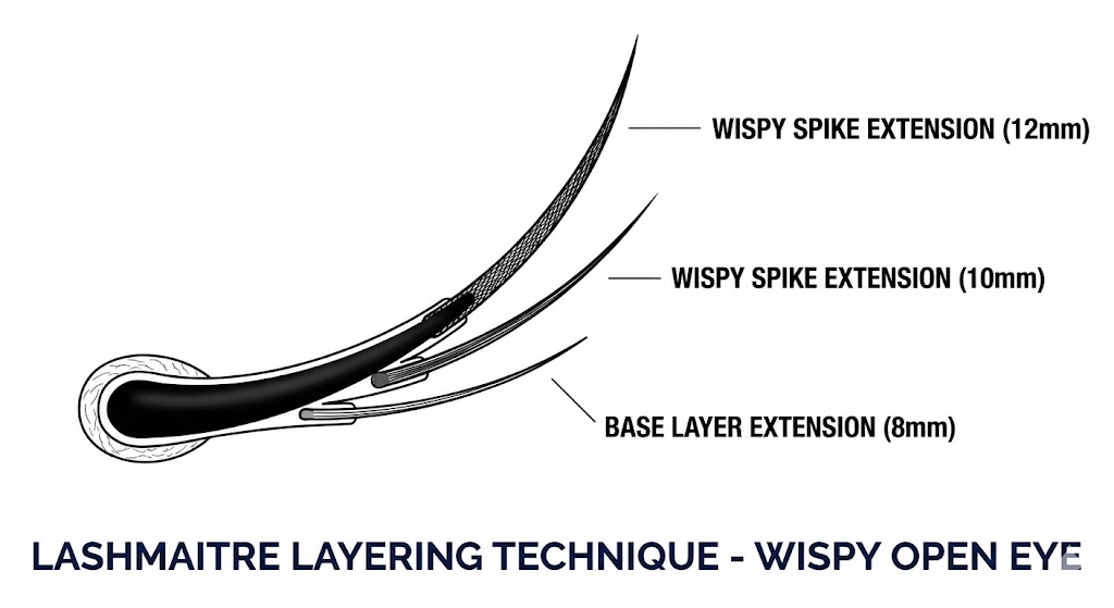 A LASHMAITRE technical diagram illustrating the layering technique for wispy open eye eyelash extensions, showing how to place a 12mm spike on the top layer, a 10mm spike in the middle, and an 8mm base extension on the bottom layer for texture.