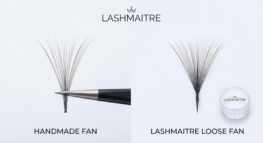 Side-by-side comparison image by LASHMAITRE showing a "Handmade Fan" held by tweezers and a "LASHMAITRE Loose Fan" next to a product jar. Both volume fans feature identical thin bases, visually explaining why loose fans eyelash extensions look just like handmade volume.