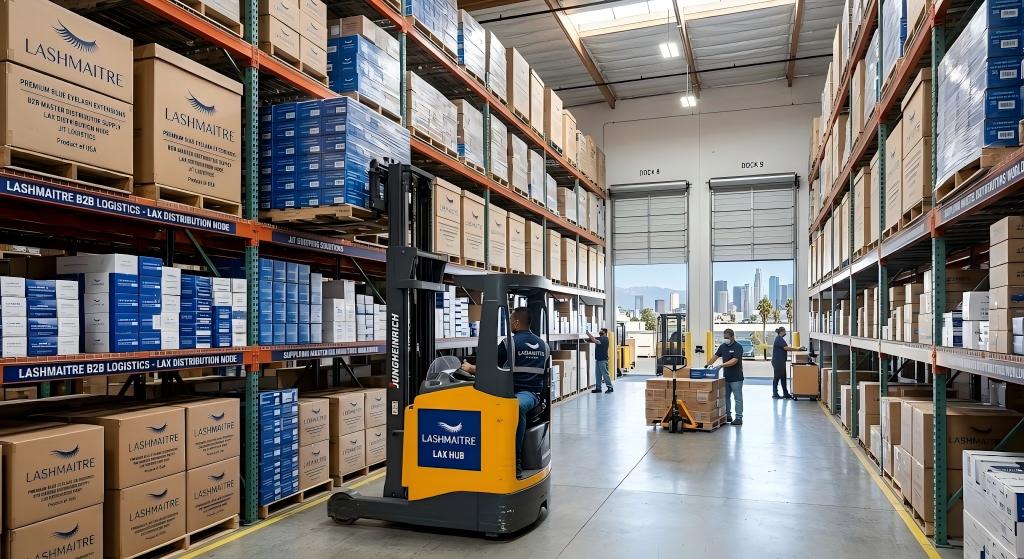 Los Angeles B2B distribution node supplying premium blue eyelash extensions with just in time logistics for master distributors