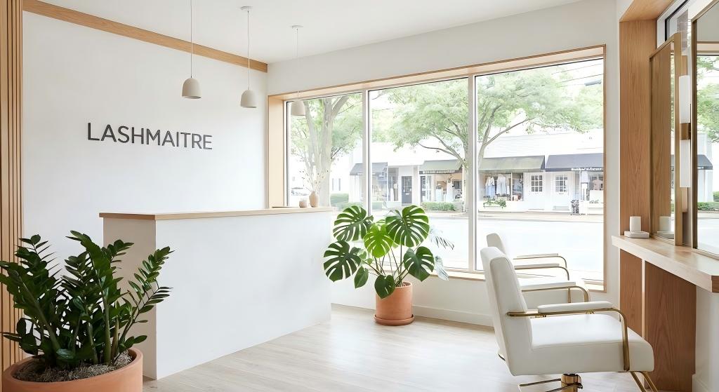 "The chic, minimalist interior view of LASHMAITRE on Post Road, showcasing a bright and luxury setting for eyelash extensions fairfield ct salon."