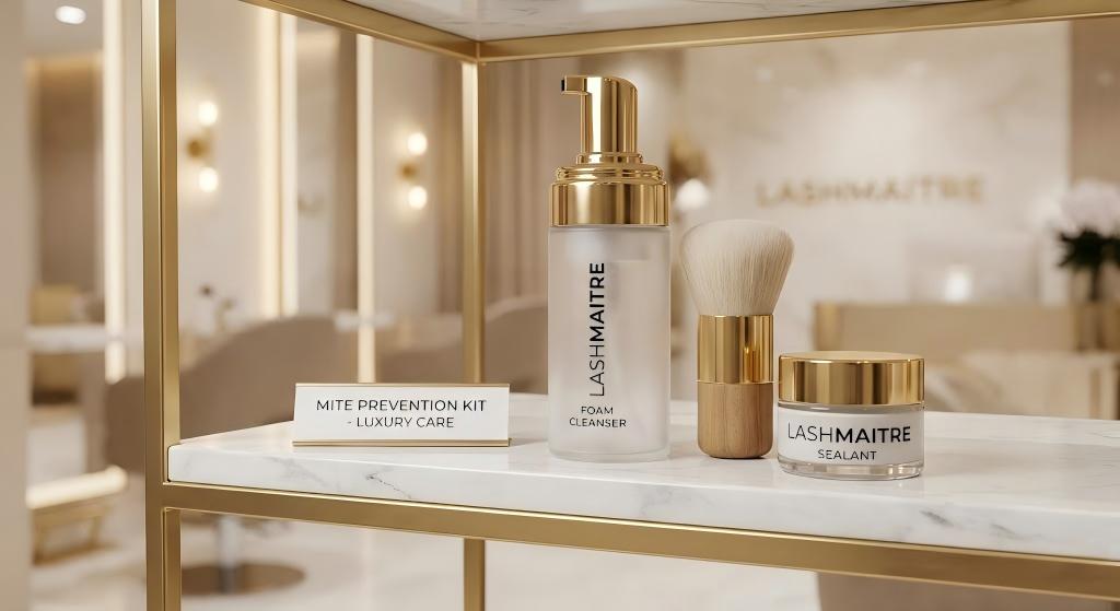 A luxury LASHMAITRE salon display featuring a professional "Mite Prevention Kit" including a foam cleanser bottle, a cleansing brush, and a sealant jar on a marble shelf, designed to effectively prevent lash mites symptoms.