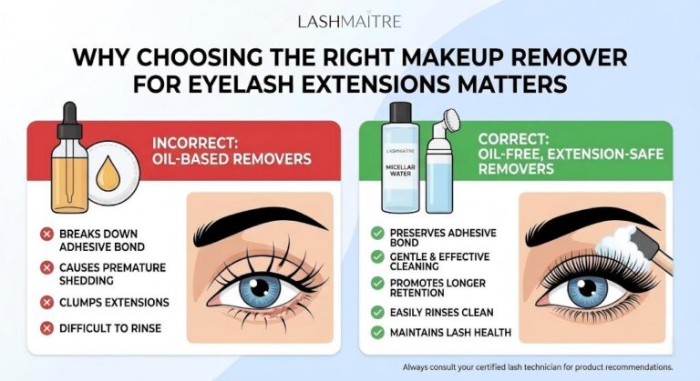 Infographic by LASHMAITRE titled 'WHY CHOOSING THE RIGHT MAKEUP REMOVER FOR EYELASH EXTENSIONS MATTERS'. The left panel, with a red banner, shows 'INCORRECT: OIL-BASED REMOVERS' with an illustration of a bottle, cotton pad, and an eye with sparse, shedding lashes. A list with red X marks reads: 'BREAKS DOWN ADHESIVE BOND', 'CAUSES PREMATURE SHEDDING', 'CLUMPS EXTENSIONS', 'DIFFICULT TO RINSE'. The right panel, with a green banner, shows 'CORRECT: OIL-FREE, EXTENSION-SAFE REMOVERS' with an illustration of a micellar water bottle, foam cleanser, and an eye with full, healthy lashes being cleaned. A list with green checkmarks reads: 'PRESERVES ADHESIVE BOND', 'GENTLE & EFFECTIVE CLEANING', 'PROMOTES LONGER RETENTION', 'EASILY RINSES CLEAN', 'MAINTAINS LASH HEALTH'. The bottom text advises consulting a certified lash technician.
