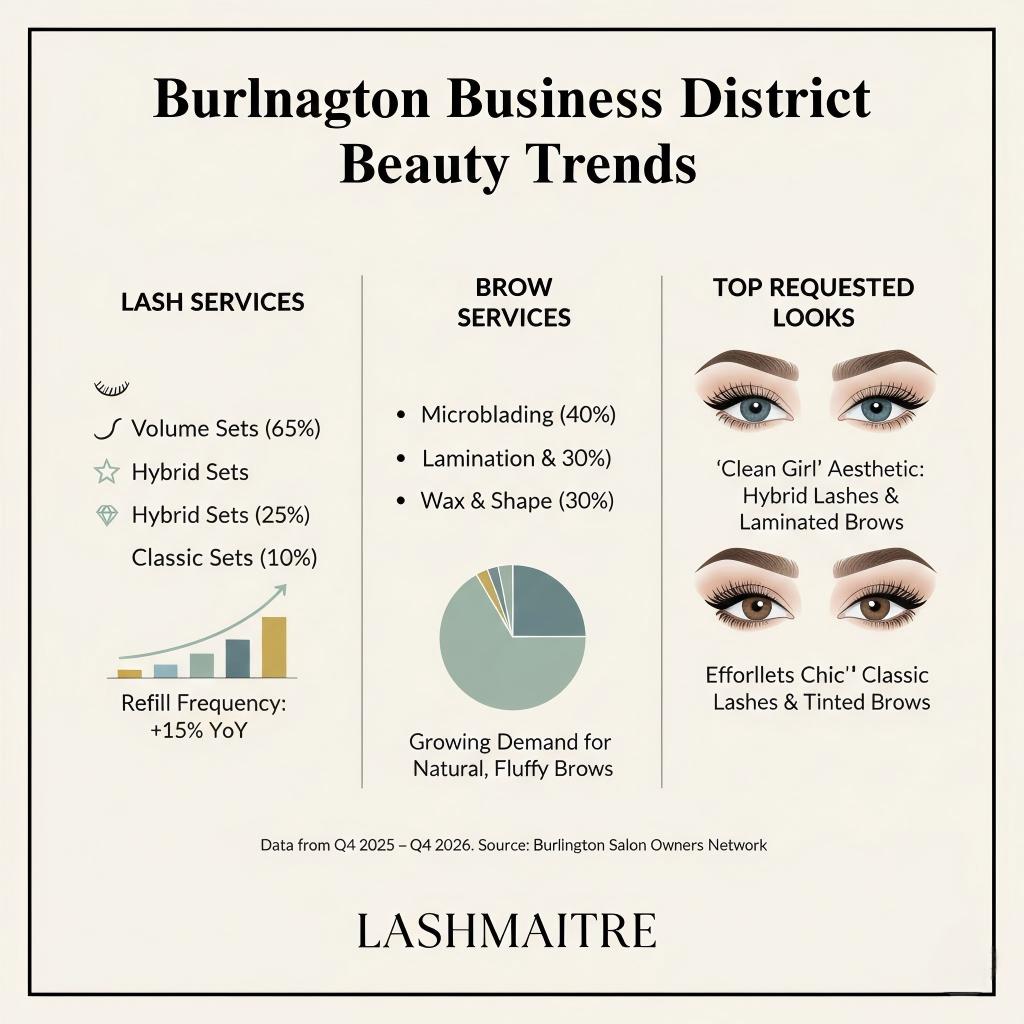A detailed 2026 Burlington Business District beauty trends infographic providing a comprehensive market analysis for eyelash extensions Burlington beauty salon owners, showcasing the rise in Volume and Hybrid set demands.