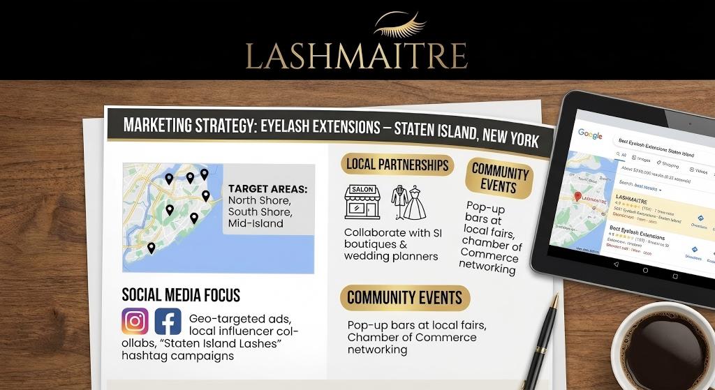 Flatlay photograph of LASHMAITRE's comprehensive "Marketing Strategy: Eyelash Extensions – Staten Island, New York" document on a wooden desk. The plan details target areas (North Shore, South Shore, Mid-Island), local partnerships with bridal shops, and social media focus using geo-targeted ads and hashtags like "#StatenIslandLashes". A tablet next to the document shows Google search results for "Best Eyelash Extensions Staten Island," with LASHMAITRE ranking #1.
