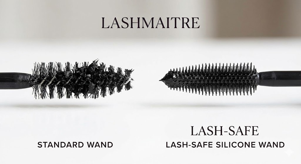 Comparison view of a clumpy "STANDARD WAND" versus the sleek LASHMAITRE "LASH-SAFE SILICONE WAND," visually answering the question: can I put mascara on eyelash extensions without causing damage?