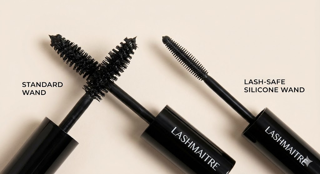 A close-up comparison photo showing a standard bristled mascara wand versus the LASHMAITRE Lash-Safe Silicone Wand, illustrating the proper tool for answering the question: can i wear mascara on eyelash extensions without damage.