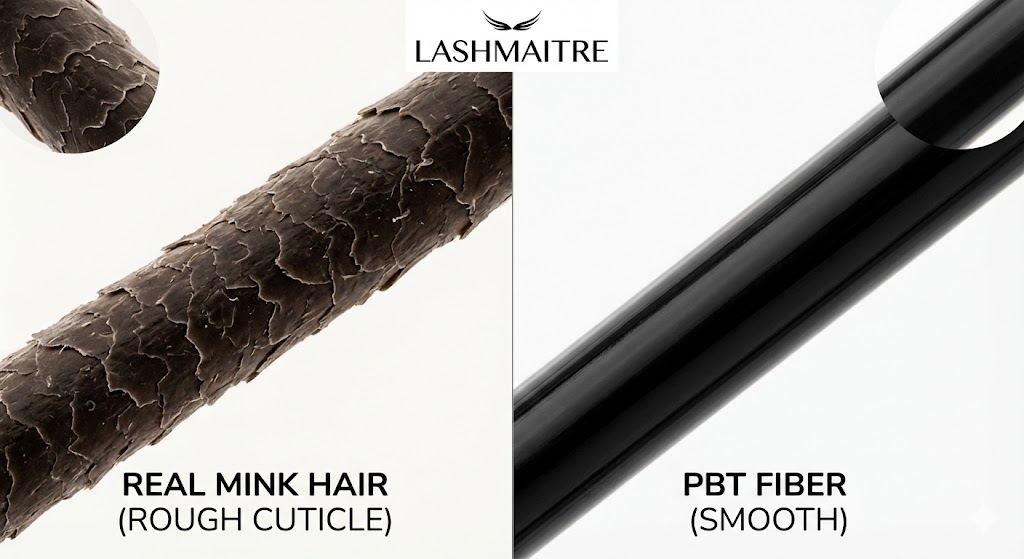 A LASHMAITRE macro comparison showing the material evolution in the history eyelash extensions. Left: A rough "Real Mink Hair" strand representing the past. Right: A perfectly smooth "PBT Fiber" representing modern, cruelty-free synthetics.