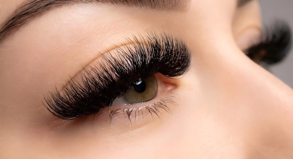 A close-up view of a dramatic Mega Volume set with D-Curl lashes, illustrating one of the most popular styles for eyelash extensions in Santa Ana clients at LASHMAITRE.