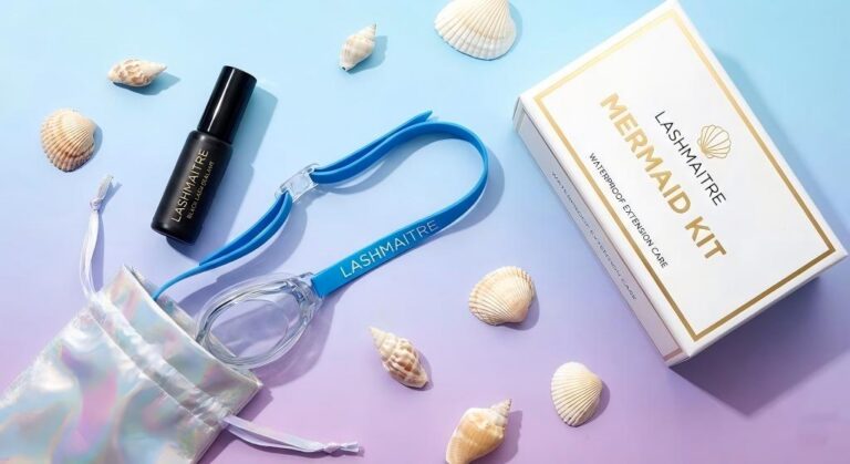Retail kit from LASHMAITRE called the "Mermaid Kit," specifically designed to answer the question, can I go swimming with eyelash extensions, by providing waterproof aftercare essentials like sealant and goggles.