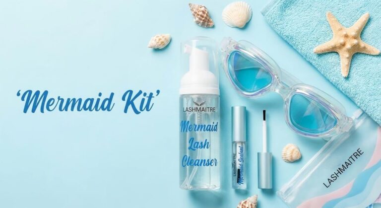 A flat lay of the LASHMAITRE 'Mermaid Kit' retail package, including a lash cleanser, sealant, and swimming goggles, designed to help clients maintain their waterproof eyelash extensions during water activities.